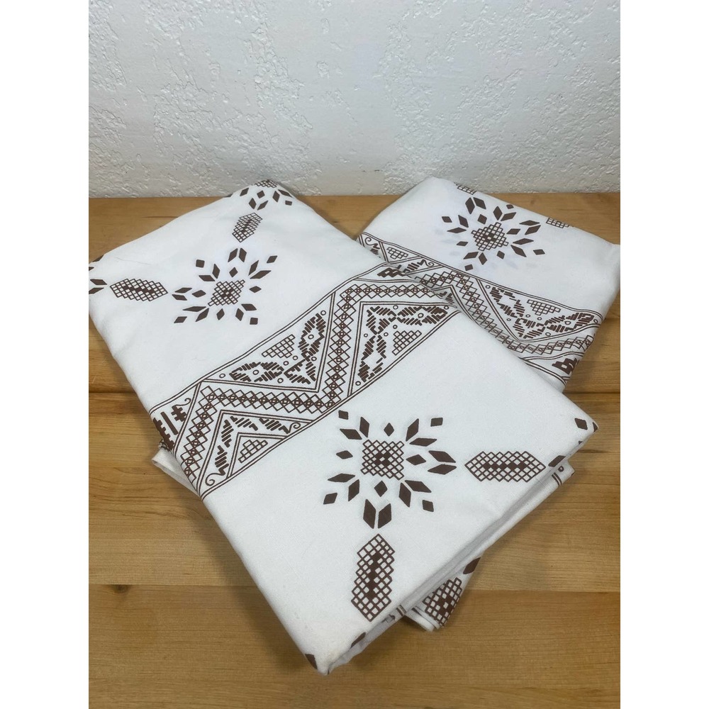 Two Vintage Brown and White Printed Tablecloths
